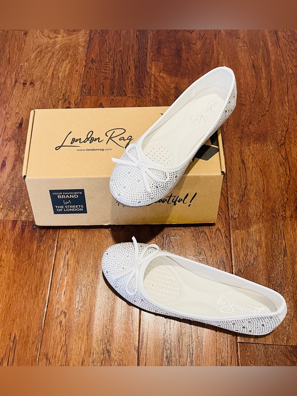 London Rag White Rhinestone Ballet Flats - Picture 2 of 4